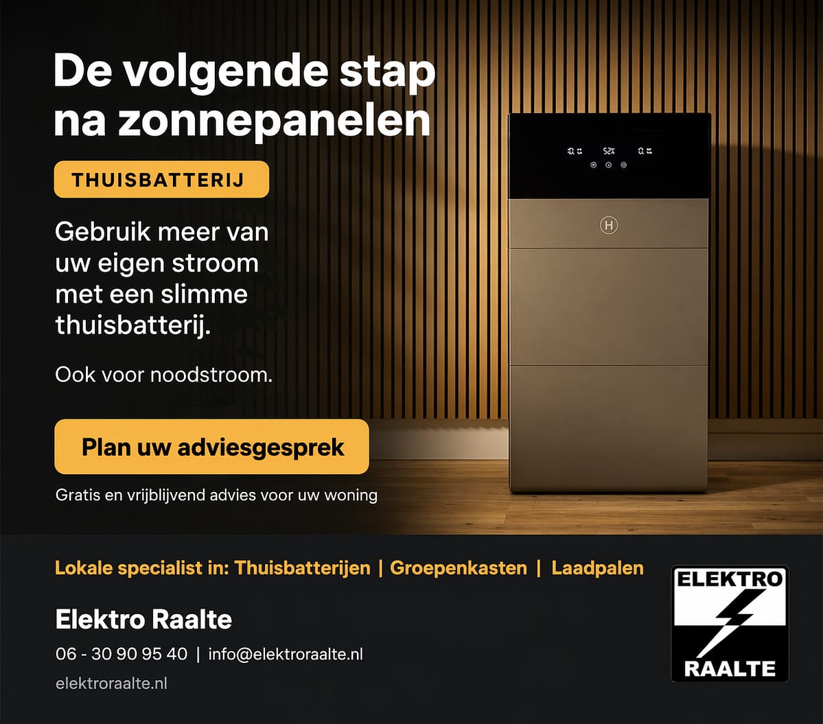 EcoFlow thuisbatterij in woning met tekst over energieopslag en advies Elektro Raalte